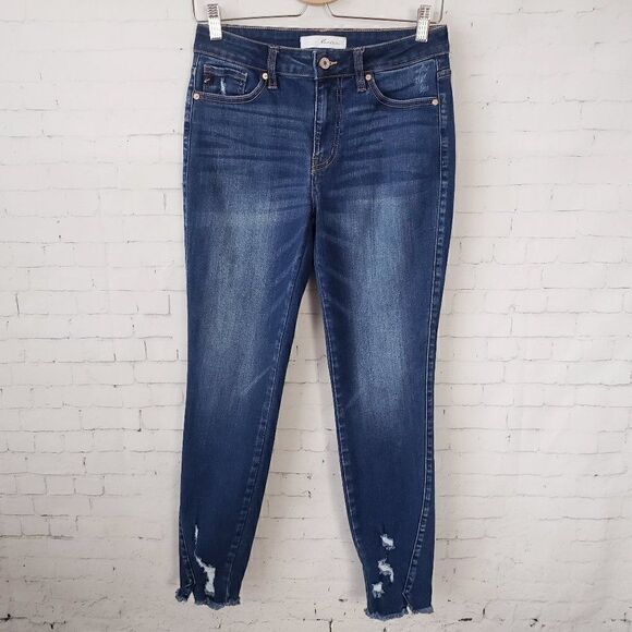 Kancan Dyana Mid Rise Ankle Skinny Jeans Size 5 / 26 Dark Wash Raw Hem Distress - Picture 2 of 9